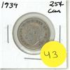 Image 1 : 1939 Canadian Silver 25 Cents Coin.