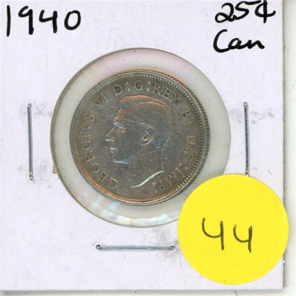 1940 Canadian Silver 25 Cents Coin.