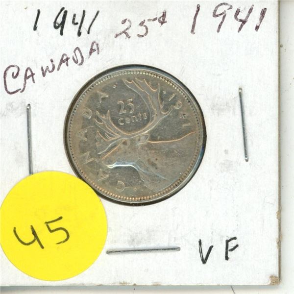 1941 Canadian Silver 25 Cents Coin.