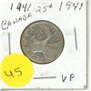 Image 1 : 1941 Canadian Silver 25 Cents Coin.