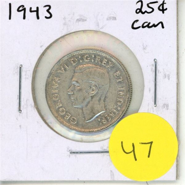 1943 Canadian Silver 25 Cents Coin.