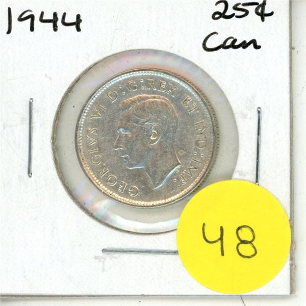 1944 Canadian Silver 25 Cents Coin.