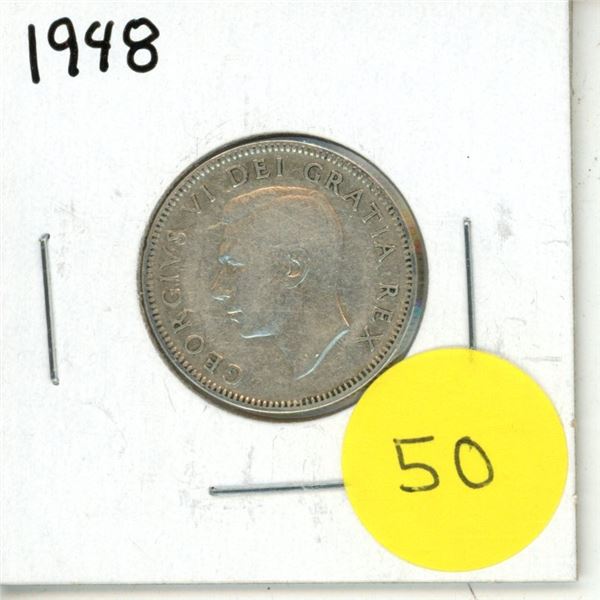 1948 Canadian Silver 25 Cents Coin.
