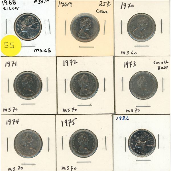 1968-1975, 1982 Canadian 25 Cents Coin. (Total 9 Coins)