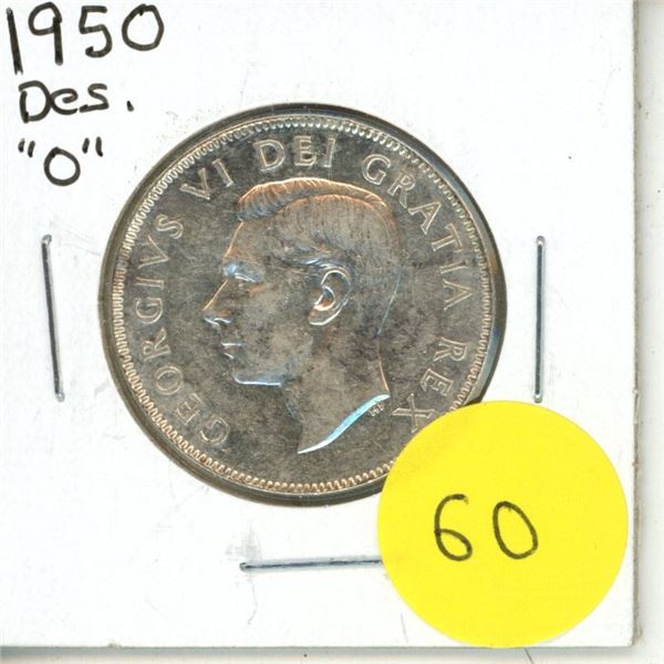 1950  Des. O Canadian Silver Fifty Cents.