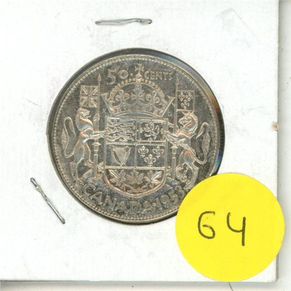 1953 NSF, LD Canadian Silver Fifty Cents.