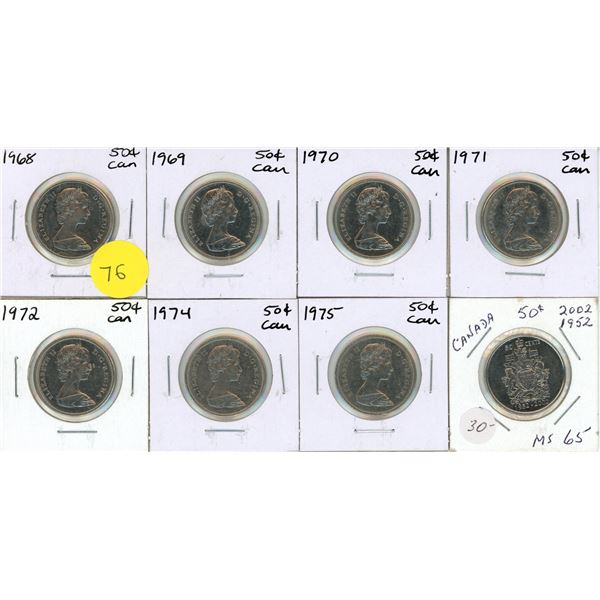 1968-1972, 1974, 1975, 2002 Canadian Fifty Cents.