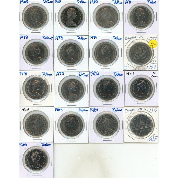 1968-1986 Canadian One Dollar Coins. (1975, 1976 Is Missing) (Total 17 Coins)
