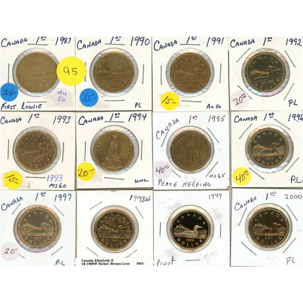1987 First Tonnie, 1990-2000 Canadian One Dollars. (Total 12 Coins)
