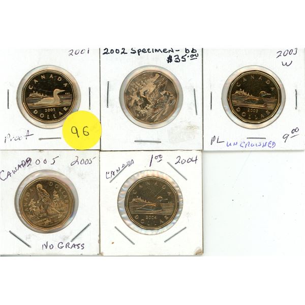 2001 Proof, 2002 Loon Family Loonie Specimen, 2003, 2004, 2005 No Grass Canadian One Dollars.