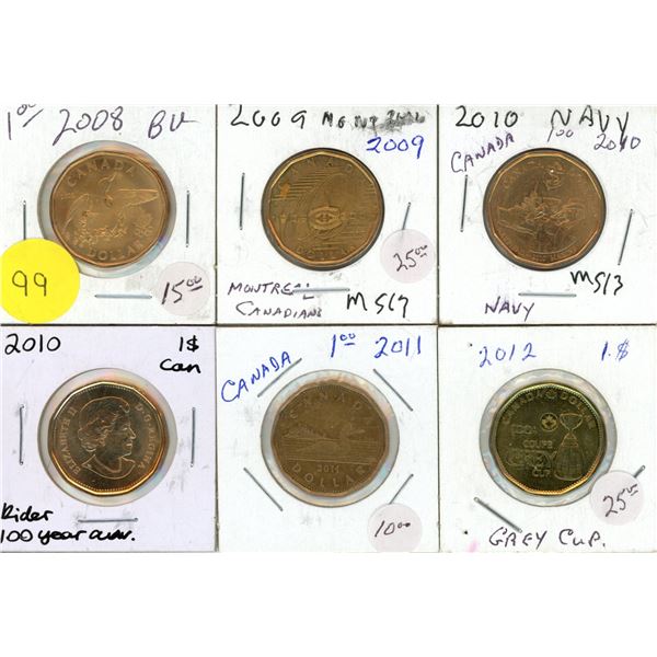 2008, 2009 Montreal, 2010 Navy, 2010 Rider 100 Year Anv., 2011, 2012 Grey Cup One Dollars Coin.