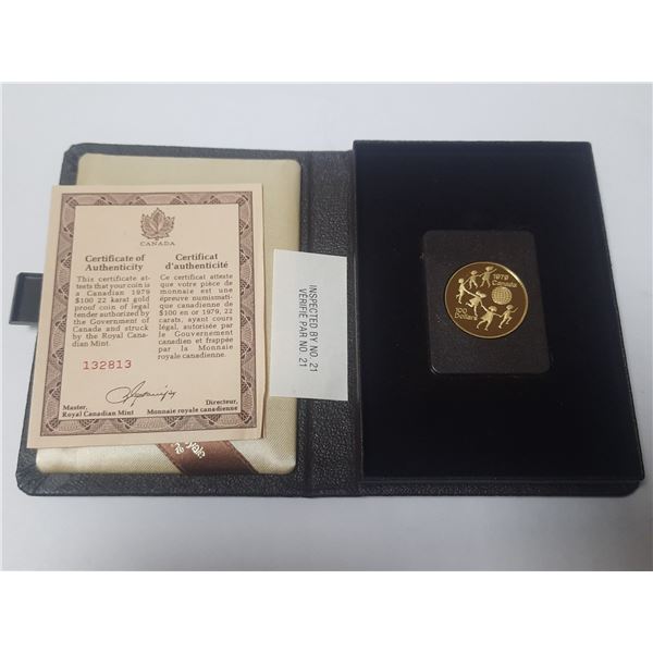 106.   $100 - 22 Karat Gold PROOF Coin 1979. Certificate of Authenticity is included.