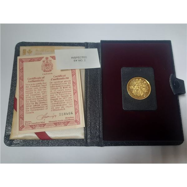 107.   $100 - 22 Karat Gold PROOF Coin 1952-1977, Queen Elizabeth II Anniversary. Certificate of Aut