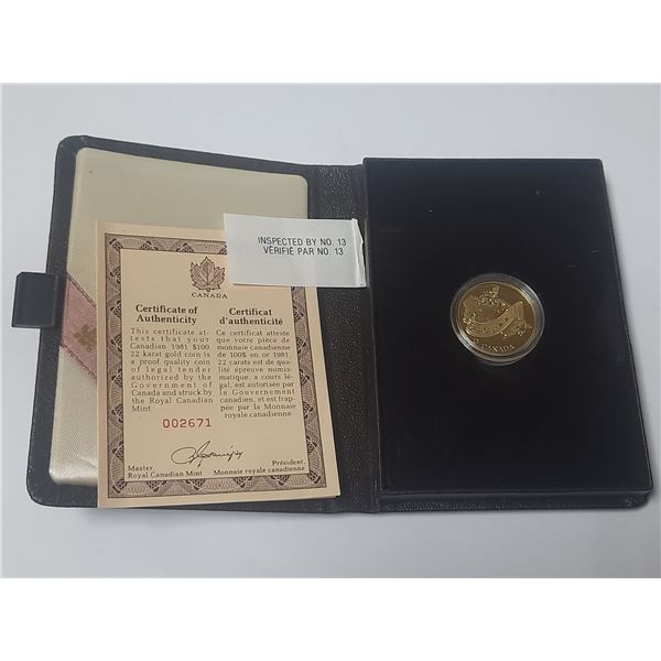 108.    $100 - 22 Karat Gold PROOF Coin 1981. Certificate of Authenticity is included.