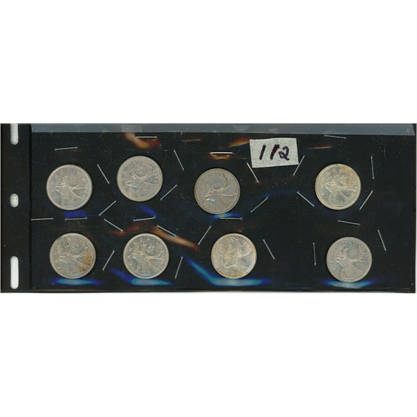 112.    8 - 25 Cent Silver Canadian Coins: 1964, 1963, 1962, 1963, 1965,1965, 1966, 1964