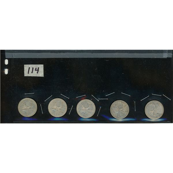 114.    5 – 25 Cent Silver Canadian Coins: 1964, 1964, 1964, 1968, 1963