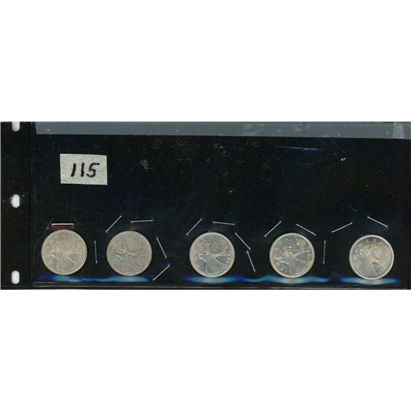 115.    5 – 25 Cent Silver Canadian Coins: 1963, 1964, 1965, 1963, 1965