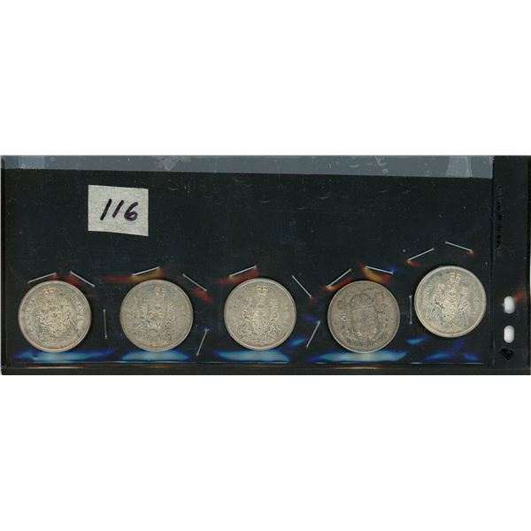 116.    5 – 50 Cent Silver Canadian Coins: 1966, 1961, 1966, 1957, 1965