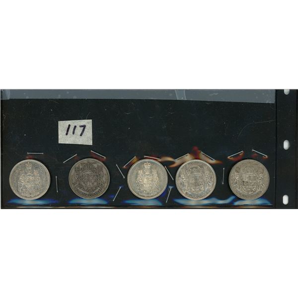 117.    5 – 50 Cent Silver Canadian Coins: 1962, 1941, 1965, 1941, 1950