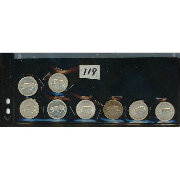 119.    8 – 25 Cent Silver Canadian Coins Cougar: all 1867-1967