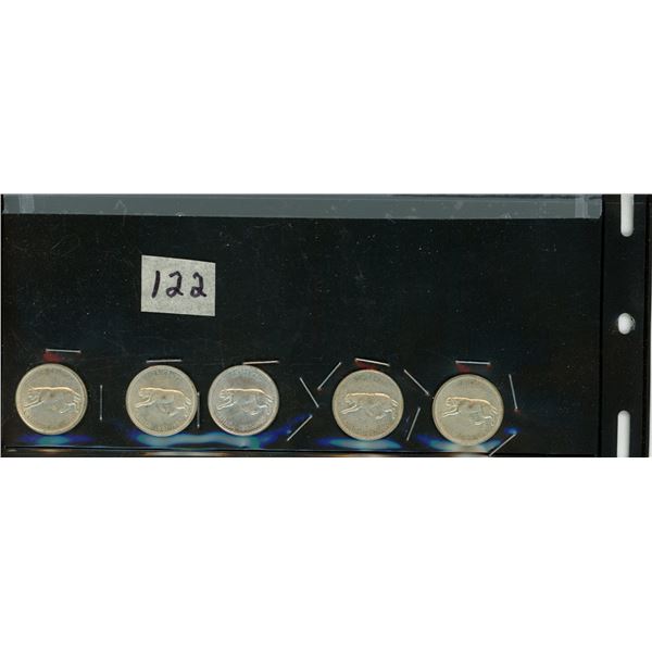 122.    5 – 25 Cent Silver Canadian Coins Cougar: all 1867-1967