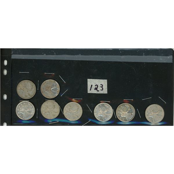 123.    8 - 25 Cent Silver Canadian Coins: 1968, 1964, 1964,1961, 1962, 1962, 1964, 1964