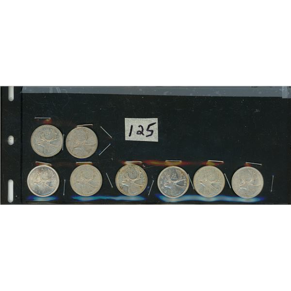 125.    8 - 25 Cent Silver Canadian Coins: 1965, 1963, 1960, 1965, 1964, 1964, 1964, 1963