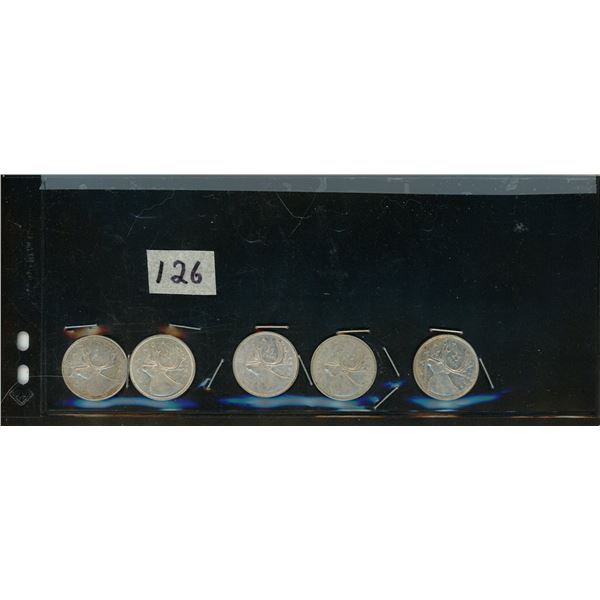 126.    5 - 25 Cent Silver Canadian Coins: 1965, 1964, 1953, 1964, 1965