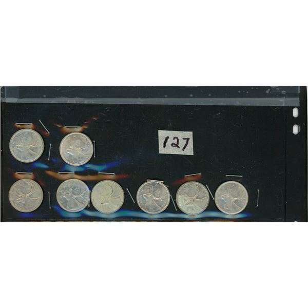 127.    8 - 25 Cent Silver Canadian Coins: 1959, 1953, 1956, 1956, 1956, 1955, 1956, 1955