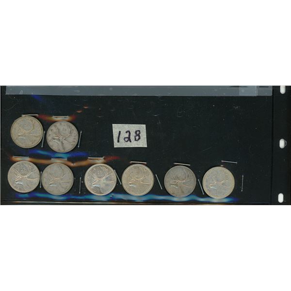 128.    8 - 25 Cent Silver Canadian Coins: 1953, 1962, 1955, 1957, 1953, 1964, 1963, 1953