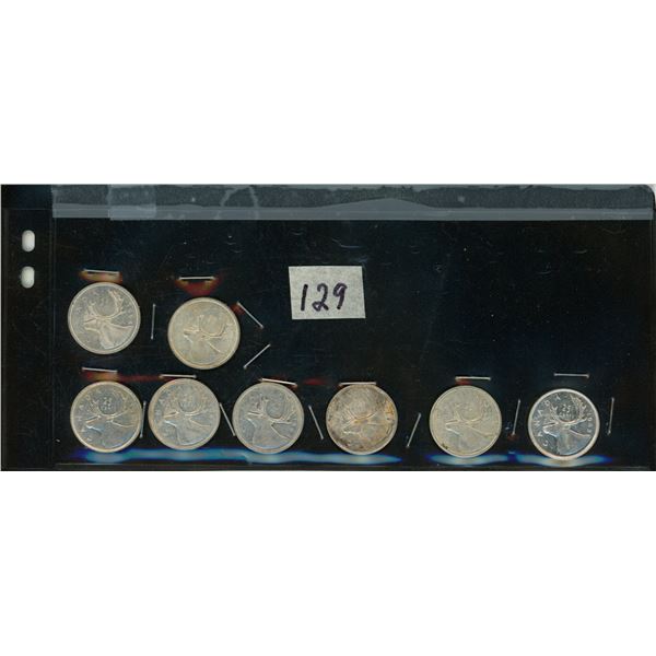 129.    8 - 25 Cent Silver Canadian Coins: 1963, 1965, 1964, 1966, 1964, 1965, 1964, 1964