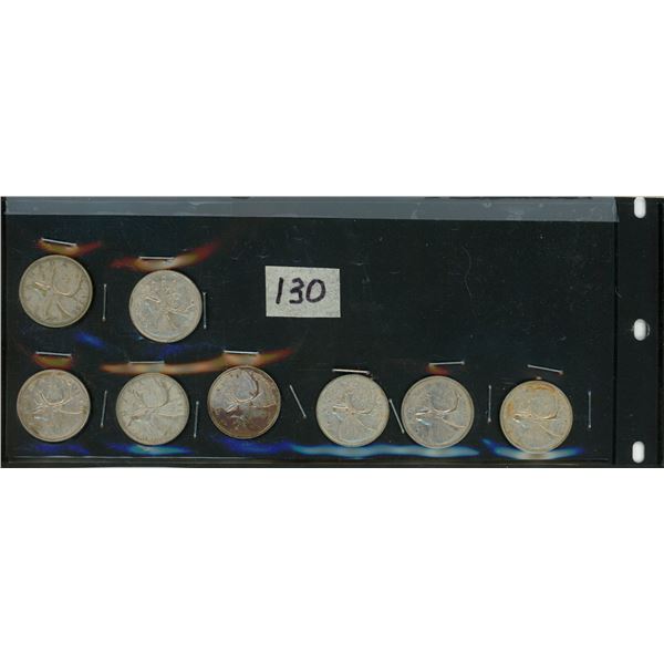 130.    8 - 25 Cent Silver Canadian Coins: 1960, 1953, 1955, 1968, 1961, 1962, 1960, 1968