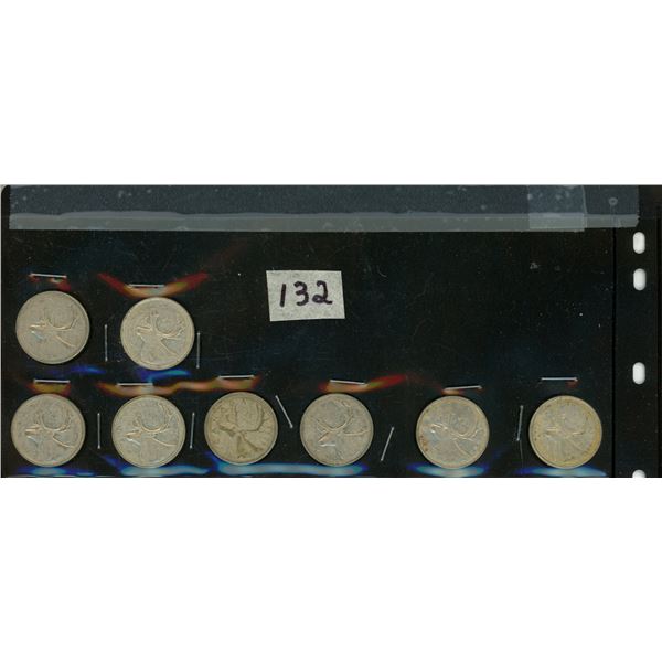 132.    8 - 25 Cent Silver Canadian Coins: 1961, 1962, 1963, 1962, 1960, 1963, 1962, 1964