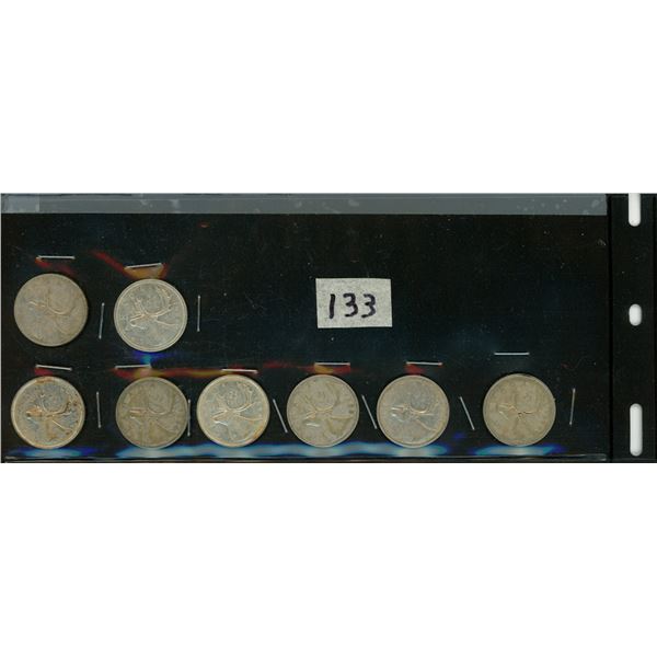 133.    8 - 25 Cent Silver Canadian Coins: 1964, 1960, 1964, 1958, 1959, 1964, 1961, 1964