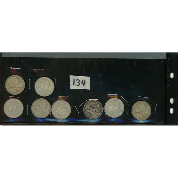 134.    8 - 25 Cent Silver Canadian Coins: 1954, 1957, 1963, 1953, 1964, 1964, 1964, 1964