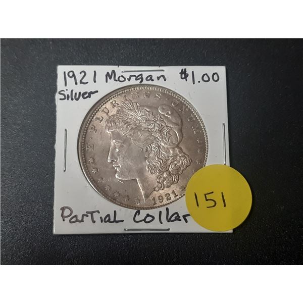 1921 Silver US Morgan $1.00 Dollar (Partial Collar mint error)