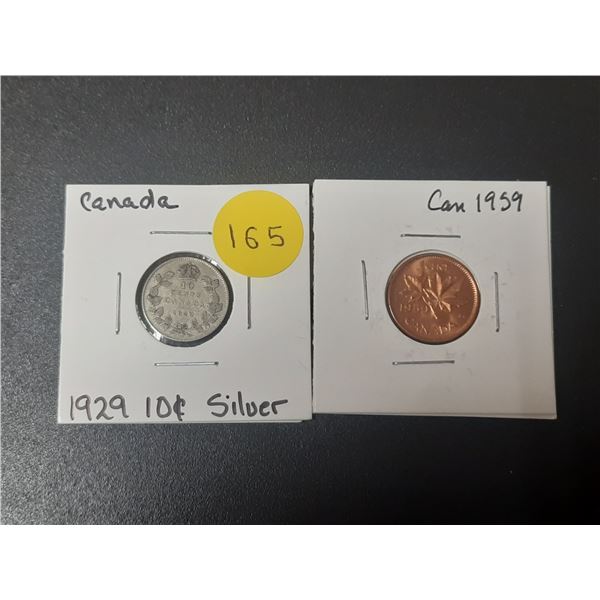 1929 CAD .10 Cent Coin Silver & 1959 CAD 0.01 Cent Coin