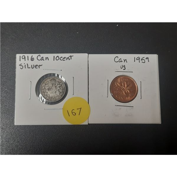 1916 CAN .10 Cent Coin & 1959 CAN 0.01 Cent Coin