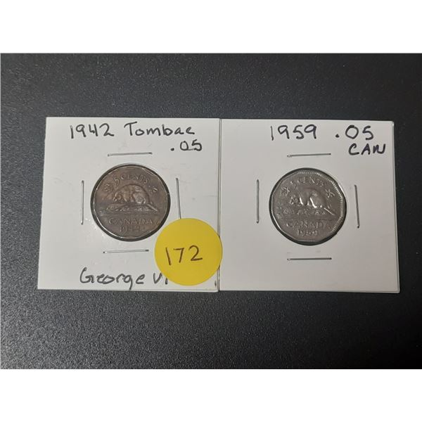1942 Tombac .05 Cent Coin & 1959 CAN .05 Cent Coin