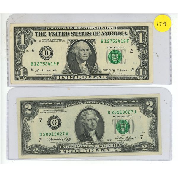 1976 US $2.00 Bill & 2009 US $1.00 Bill