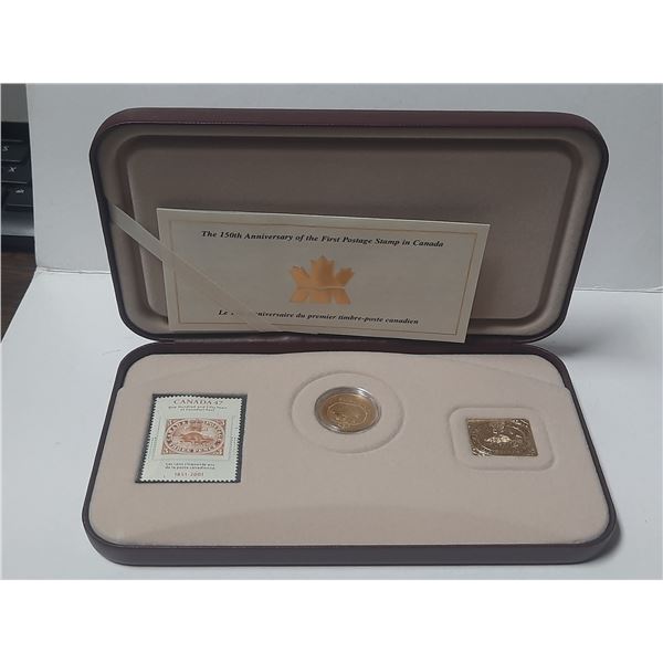 2001 Canadian Sterling Silver/24k Gold Plated Three Cent Coin And Stamp Set - 150th Anv. First Stamp