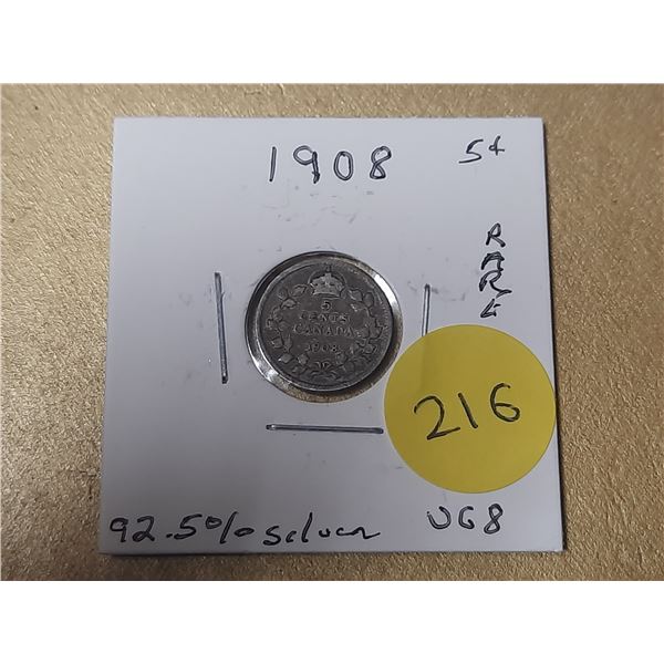 1908 Canada Silver 5 Cents.