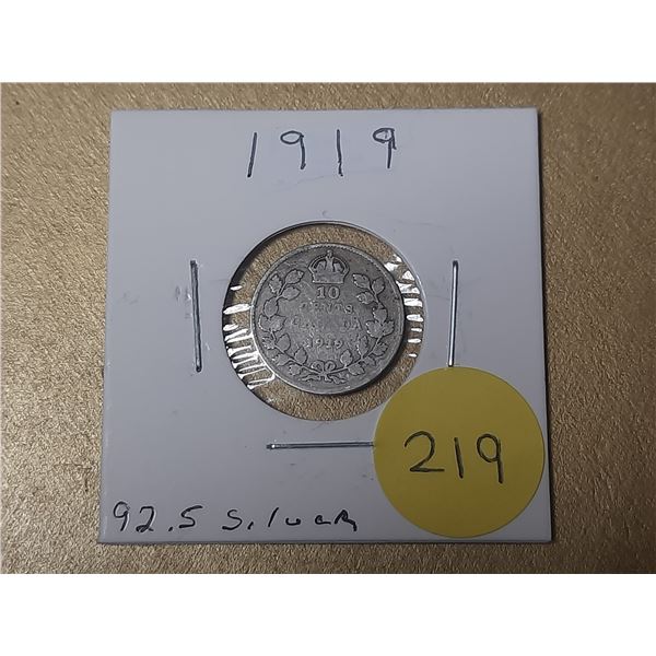 1919 Canada Silver 10 Cents.