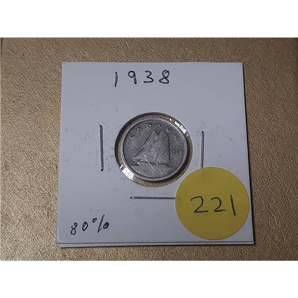 1938 Canada Silver 10 Cents.