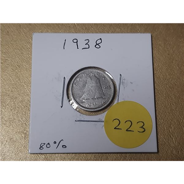 1938 Canada Silver 10 Cents.