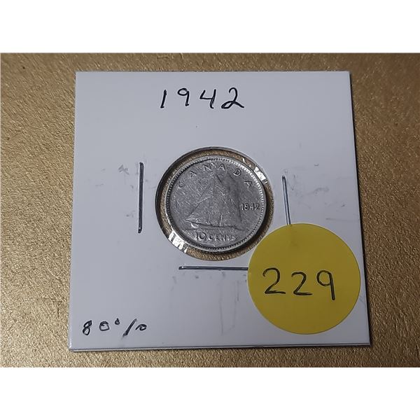 1942 Canada Silver 10 Cents.