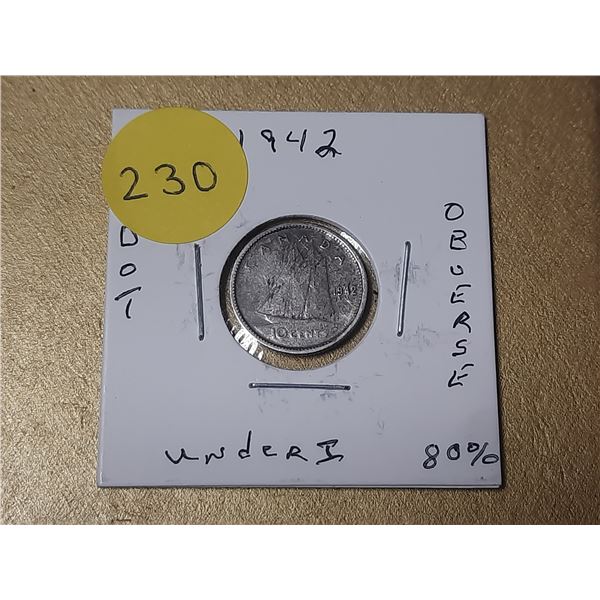 1942 Canada Silver 10 Cents (Dot under I on obverse as per consigner)