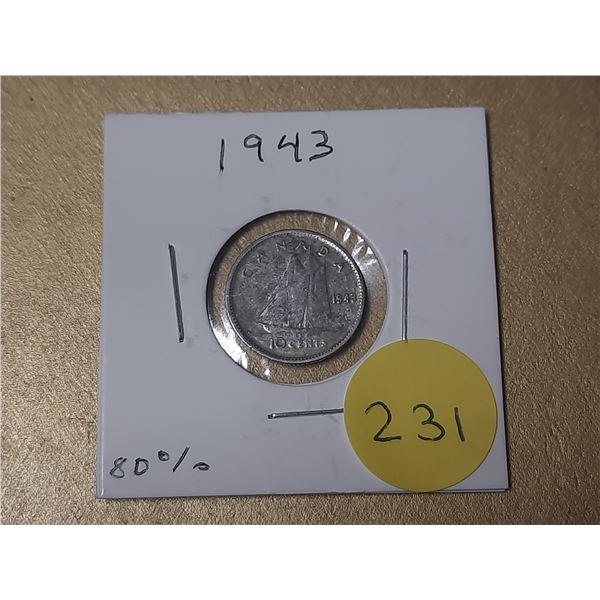 1943 Canada Silver 10 Cents.