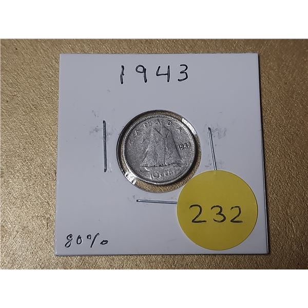1943 Canada Silver 10 Cents.