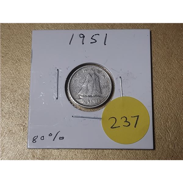 1951 Canada Silver 10 Cents.